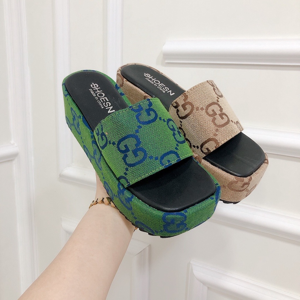 Dép Xuồng Đế Bánh Mì 5p Chất Bọc Canvas GG Form Chuẩn Size Lên Cực Xinh - 2 Màu Xanh Kem ChichanhStore