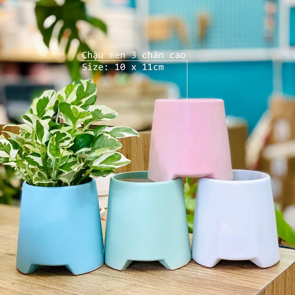 Chậu gốm sứ trồng cây cảnh mini để bàn,cắm hoa khô men mát Bát Tràng kiểu dáng 3 chân cao