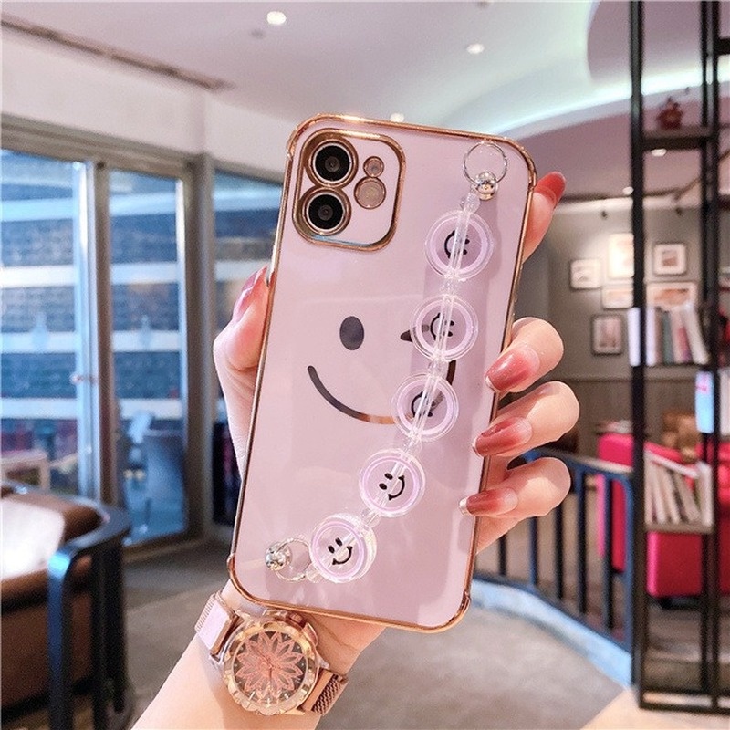 Ốp Điện Thoại Dẻo In Hình Mặt Cười Mạ Sang Trọng Có Dây Đeo Tay Cho iPhone 13 11 Pro 12 Mini 7 8 Plus X XR XS Max SE2