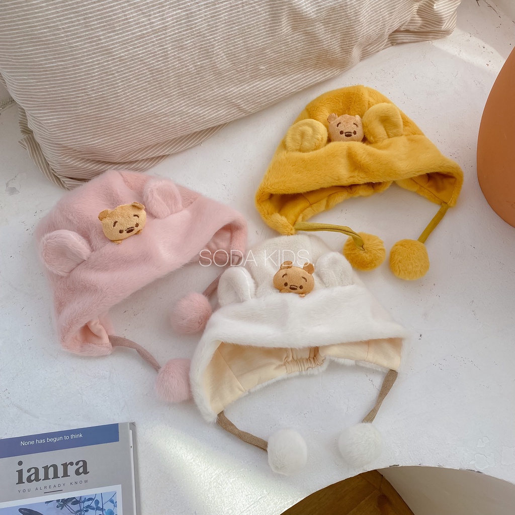 Mũ lông gấu pooh cục bông cho bé 3 màu (Ảnh thật)