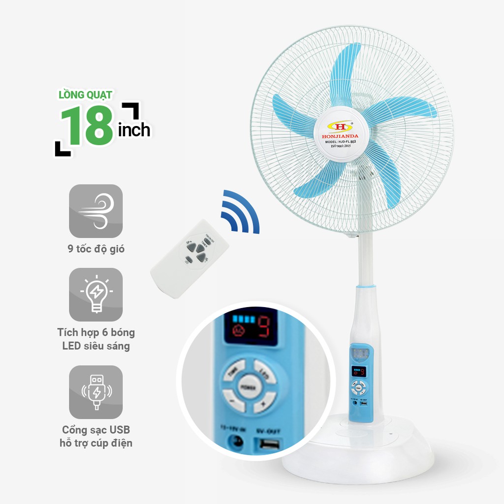 Quạt sạc tích điện để bàn AC&amp;DC 18 inch Honjianda FL618/FL803 - có đèn LED hỗ trợ cúp điện