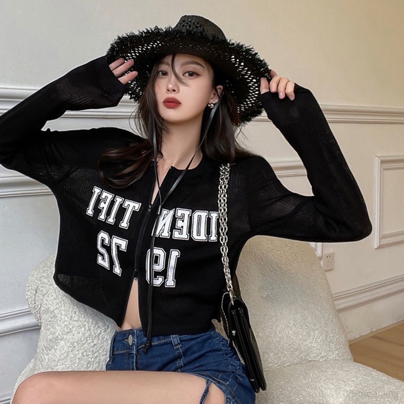 Áo Croptop Tay Dài Vải Lụa Lạnh Chống Nắng Phối Khóa Kéo Kiểu Hàn Quốc Cá Tính