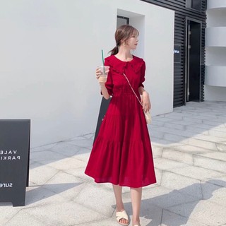 Đầm váy freesize đỏ cổ bèo 3 tầng