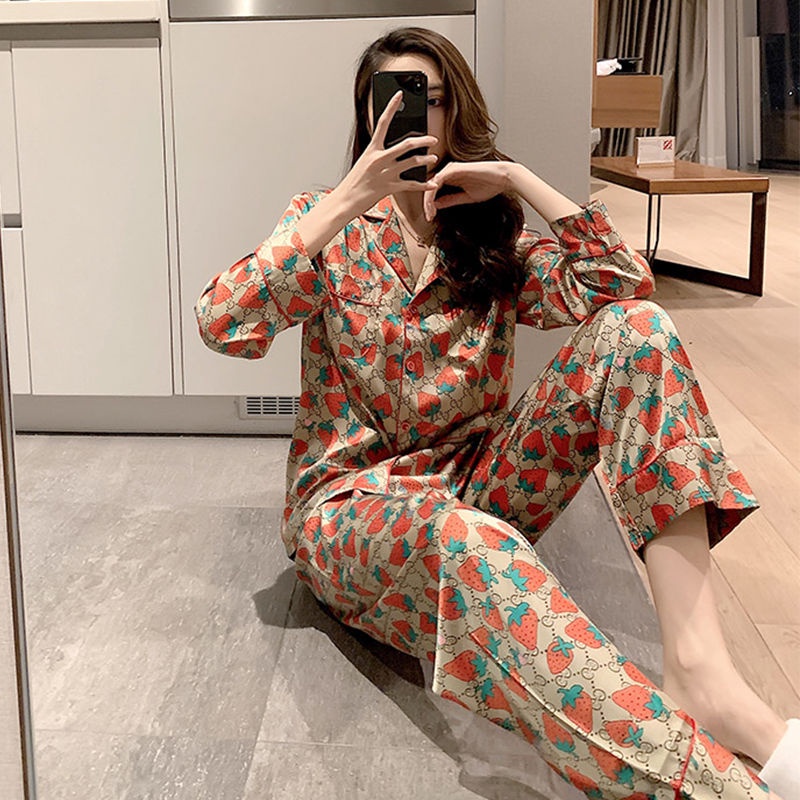 Bộ đồ ngủ tay dài chất lụa lạnh phong cách Hàn Quốc thời trang xuân thu cho nữ | BigBuy360 - bigbuy360.vn