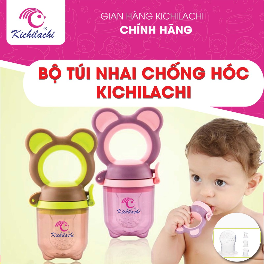 Túi Nhai Ăn Dặm Cho Bé Kichilachi,núm Silicon Siêu Mềm,ăn Trái Cây Hoa Quả Chống Hóc Cho Bé(3 NÚM 3 SIZE+ TẶNG DÂY ĐEO)