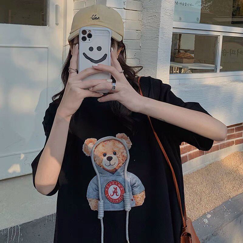 [SIÊU SALE] Áo Thun Tay Lỡ Unisex Hình Gấu Đội Mũ in 5D Nét Căng, Áo Phông Form Rộng Nam Nữ (Kèm Ảnh Thật Trải Sàn)