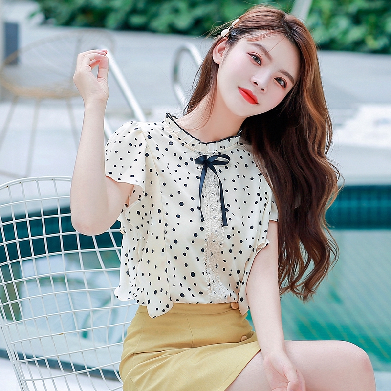 Áo Voan Ngắn Tay Họa Tiết Chấm Bi Xinh Xắn Dành Cho Nữ