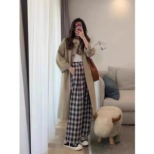 LP26 Áo khoác măng tô nữ dáng dài tay phối kẻ 2 màu be đen Hàng Quảng Châu | BigBuy360 - bigbuy360.vn