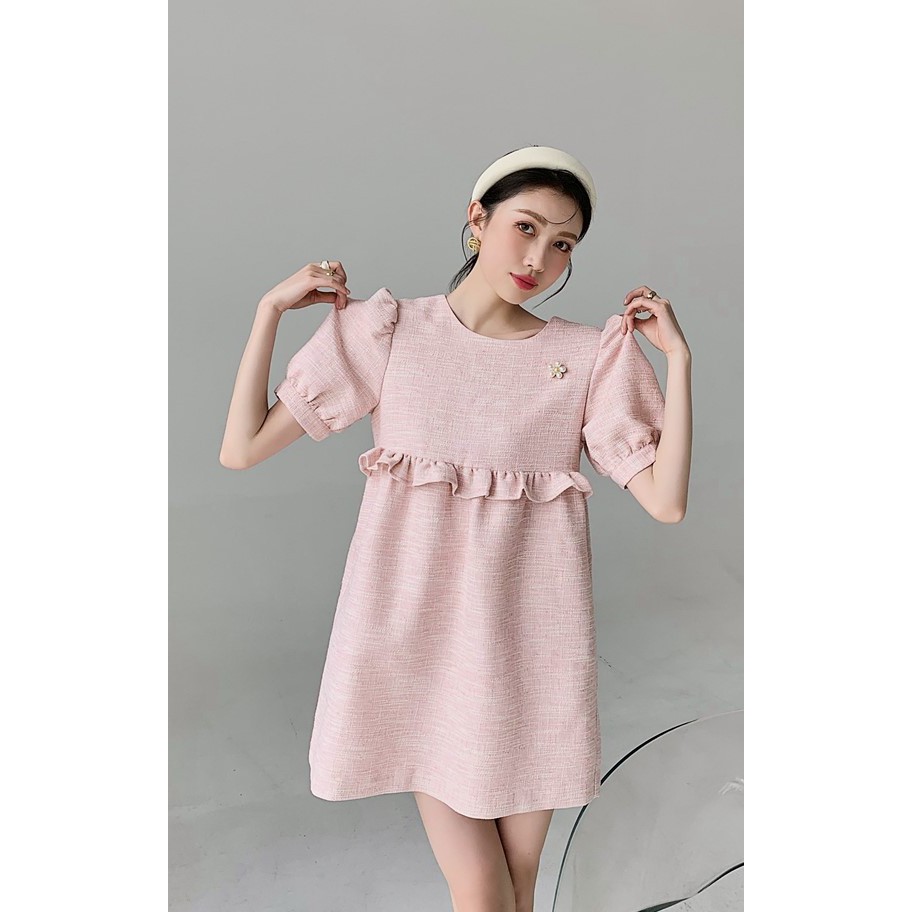 [ORDER] Váy babydoll màu hồng tiểu thư tay phồng cổ tròn mùa xuân