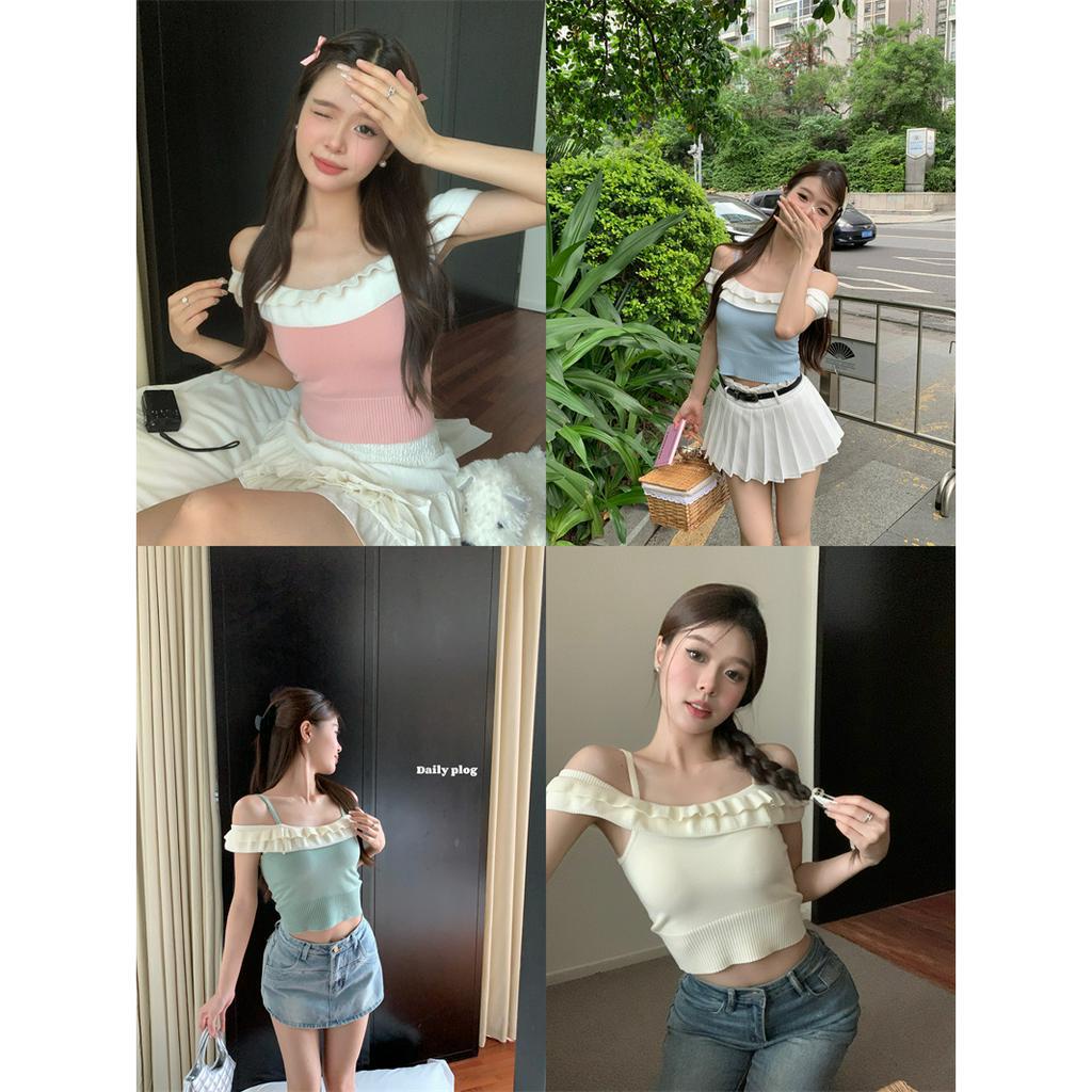 「 WELOVE1 」Áo Croptop Dệt Kim Trễ Vai Dáng Ôm Gợi Cảm Thời Trang Mùa Hè Dành Cho Bạn Nữ
