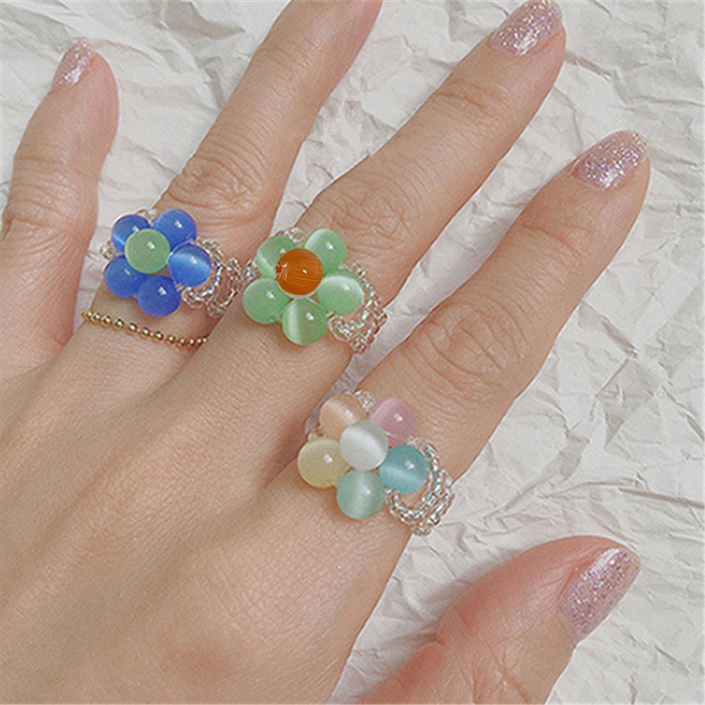 AUBREY Women Girls Finger Ring Retro Flower Plant Bead Rings Trendy Candy Color 2021 New Sweet Summer Geometric Fashion Jewelry/Multicolor