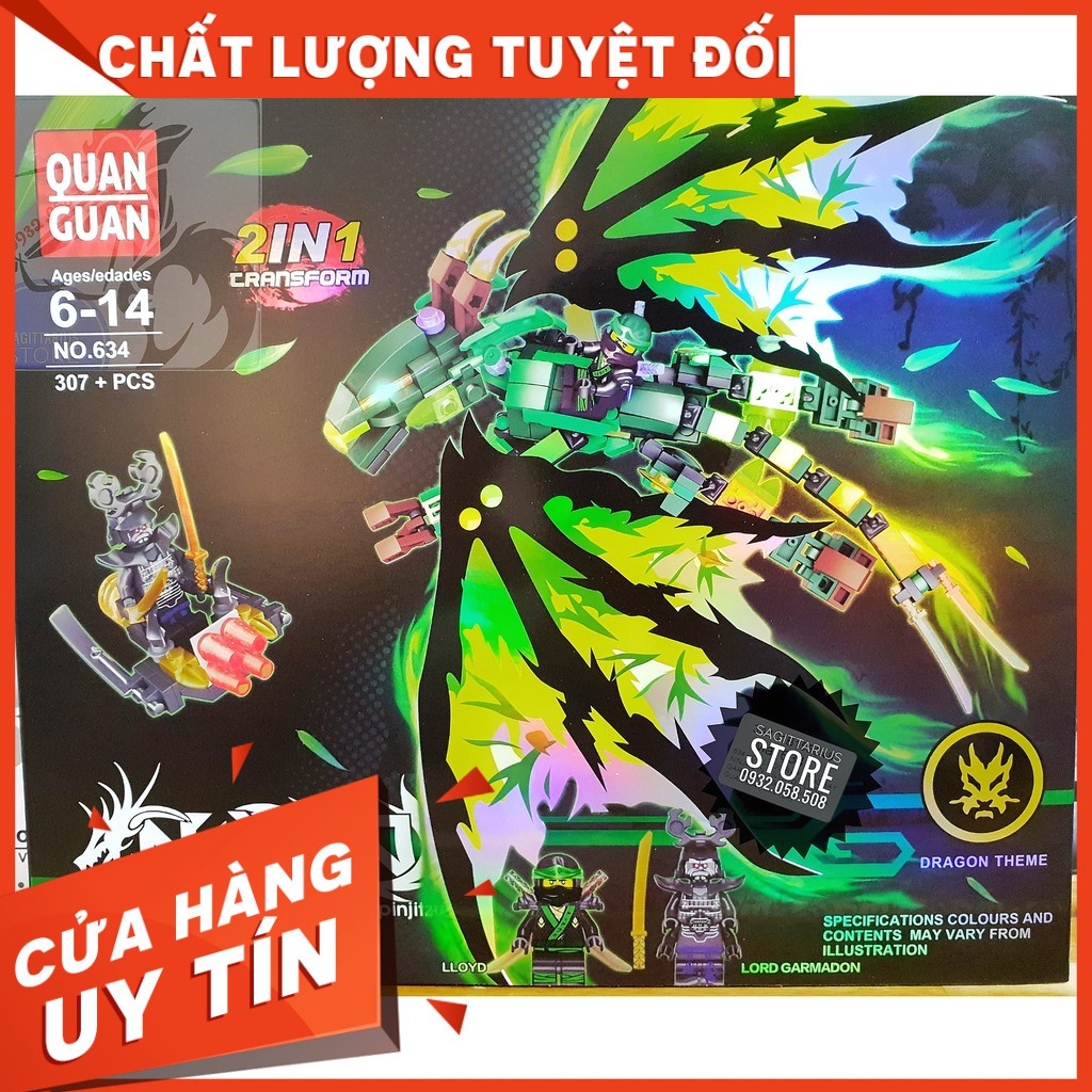 [HOT]Lego Lắp Ráp Robot Rồng Bay NinjaGo 2 in 1 - Quan Guan 634 ( Xanh Lá - 307 Mảnh )-Hàng có sẵn