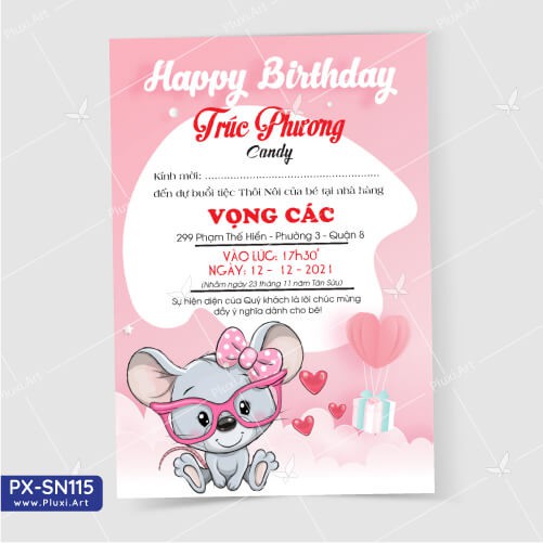 Thiệp thôi nôi –  Sinh nhật Pluxi bé Gái tuổi Chuột PX_SN115