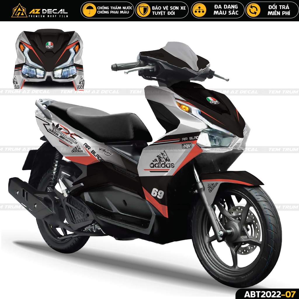 Tem Trùm Dán Xe Airblade Mẫu ADIDAS | ABT2022-07 | Decal Xe AB 2020 - 2022 Đen Đỏ, Xanh Trắng, Đen Trắng