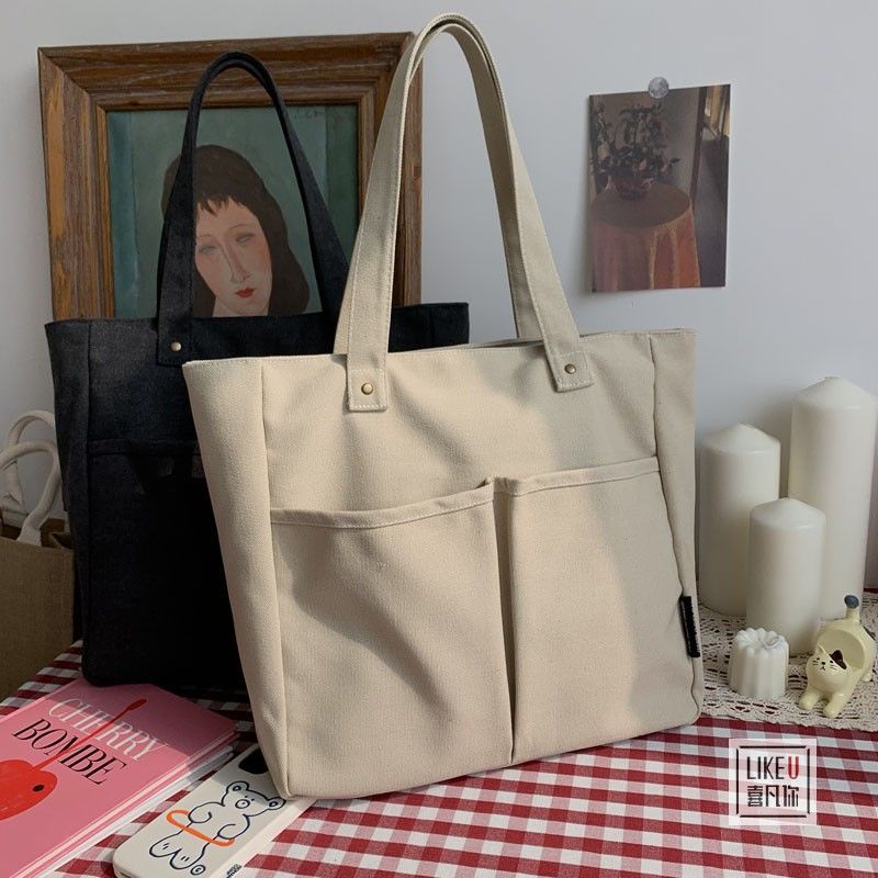 Túi Tote Đeo Vai Vải Canvas Cotton Cỡ Lớn Thiết Kế Đơn Giản Cá Tính