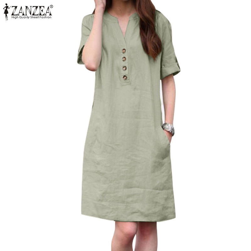 Đầm Zanzea tay lửng cổ chữ V màu trơn thời trang dành cho nữ
