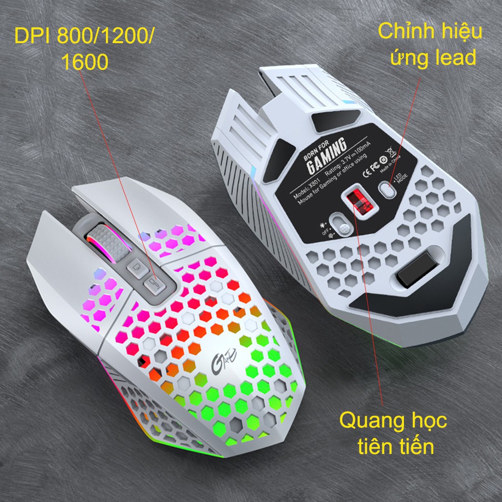 Chuột chơi game không dây HXSJ X801 thiết kế độc lạ Led RGB đổi màu click chống ồn DPI 1600 - Hàng chính hãng