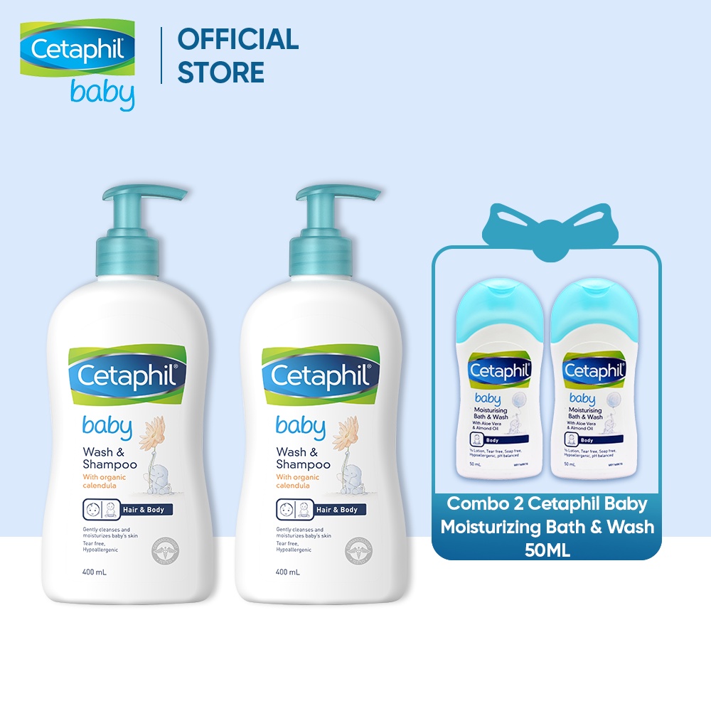 [Tặng 2 Cetaphil Baby Moist Bath&amp;Wash 50ml] Combo 2 sữa tắm gội cho bé Cetaphil Baby W&amp;S with Organic Calendula 400ml