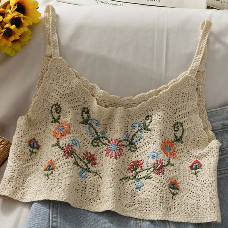 Áo croptop hai dây dệt kim dáng rộng cổ chữ V thêu hoa nhiều màu sắc phong cách boho thời trang mùa hè cho nữ