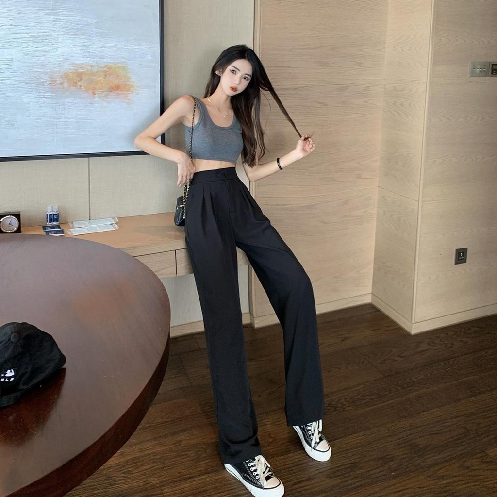 Quần Dài Lưng Cao Ống Rộng Màu Đen Thời Trang Xuân 2022 Cá Tính Cho Nữ