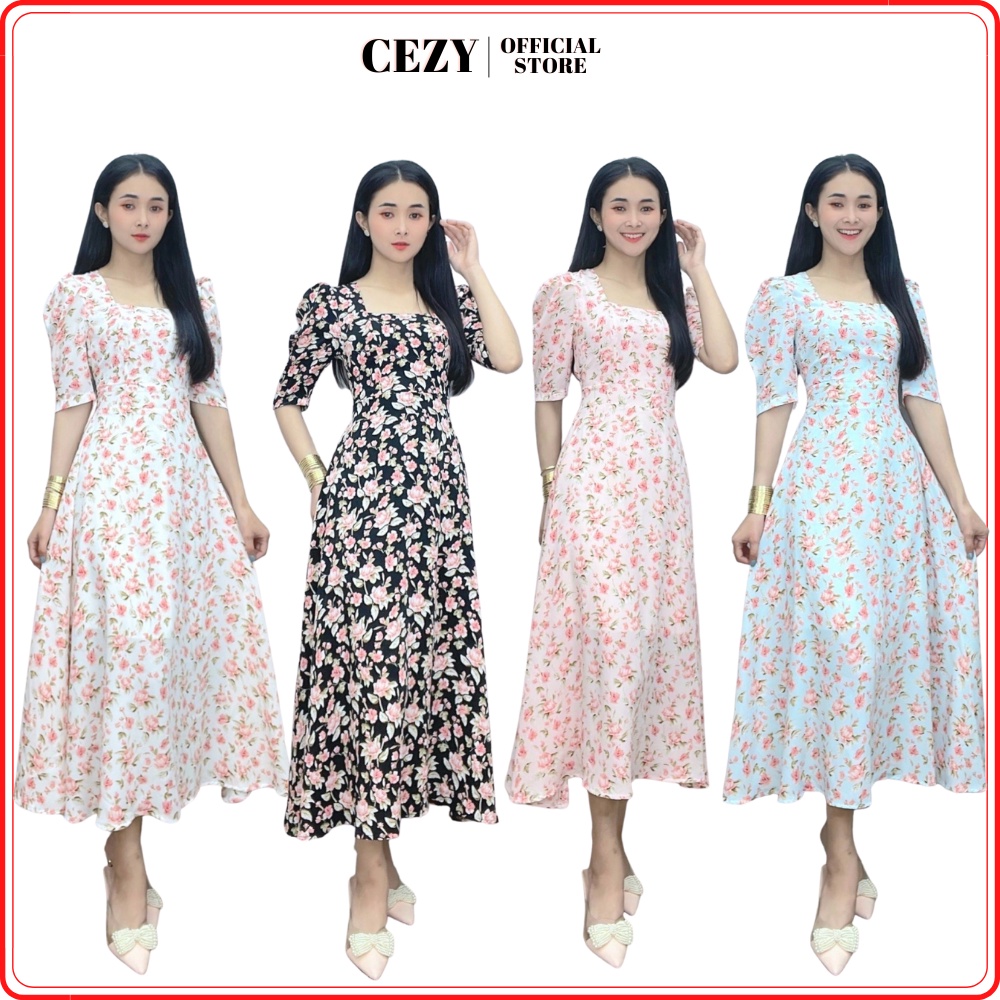 Đầm hoa nhí cổ vuông tay phồng có bo chun eo có size bigsize CEZY D111