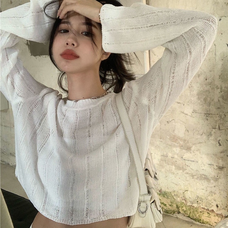 Áo sweater Dệt Kim Mỏng Tay Ngắn Phong Cách Hàn Quốc Thời Trang Cho Nữ