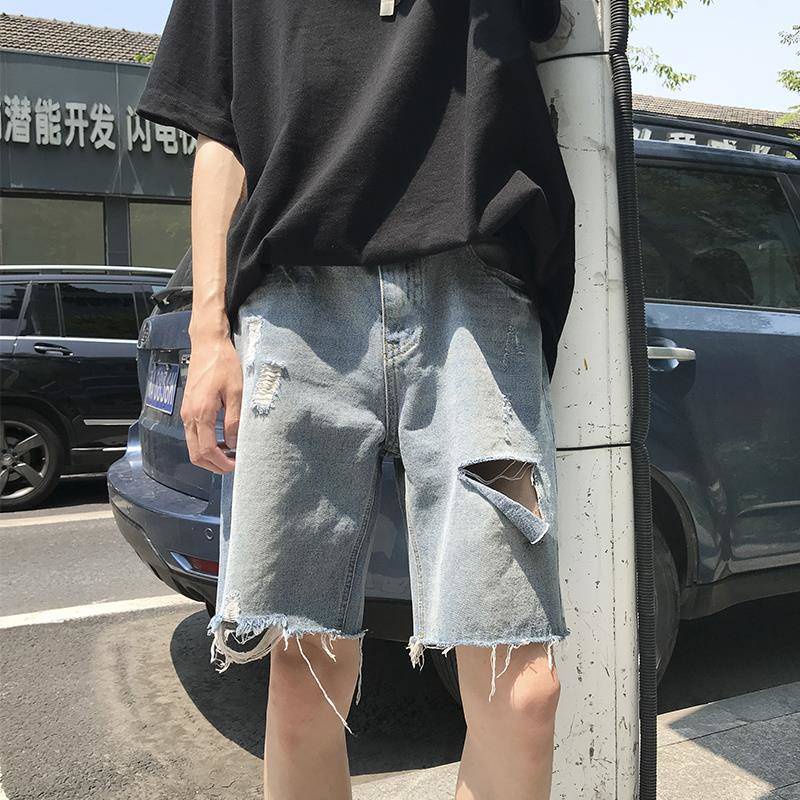 Quần Short Denim Ống Rộng Phối Rách Cá Tính Theo Phong Cách Mùa Hè Hàn Quốc Dành Cho Nam