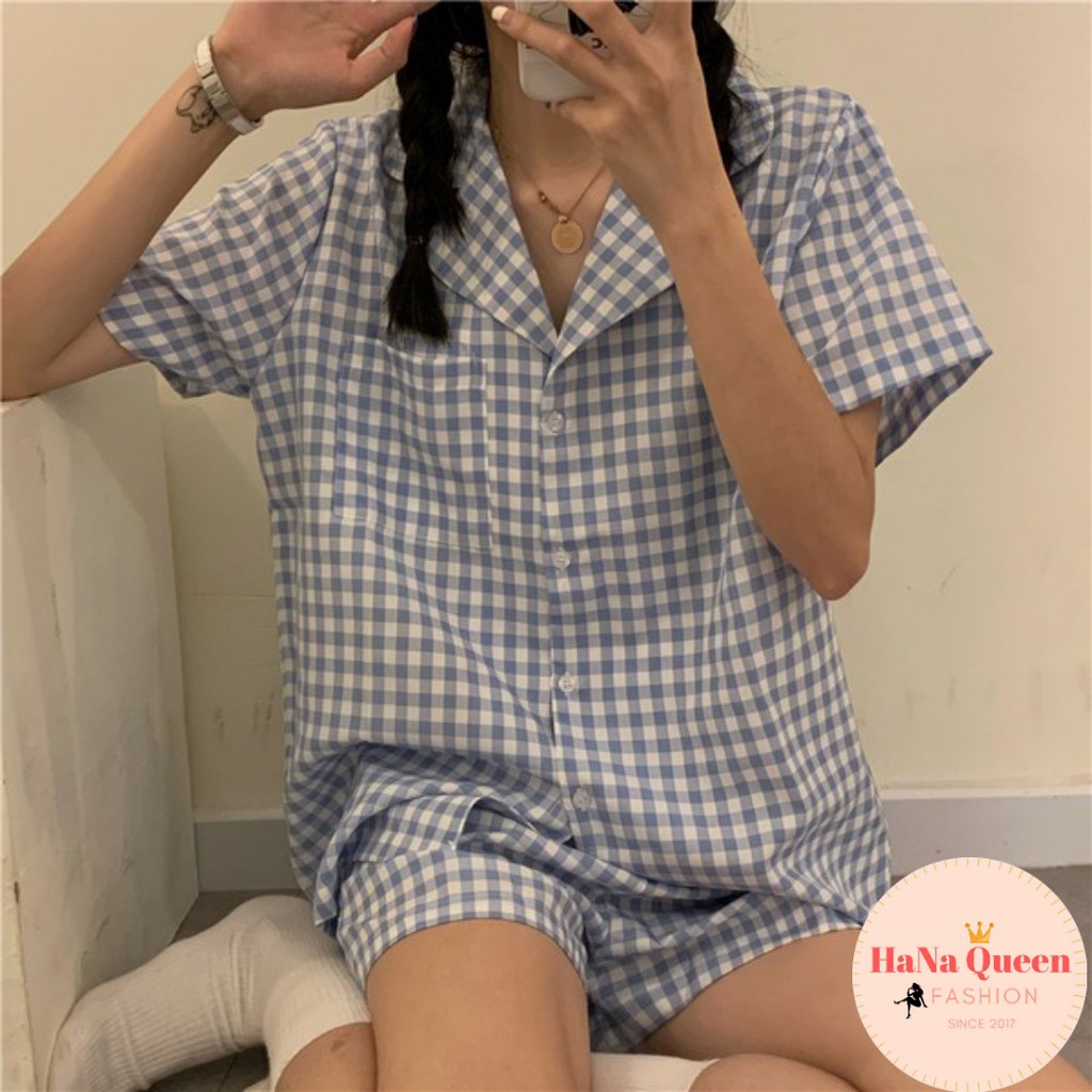 [Sẵn Hàng] Bộ đồ Pijama nữ ngắn tay quần đùi họa tiết kẻ phong cách Hàn Quốc cực xinh