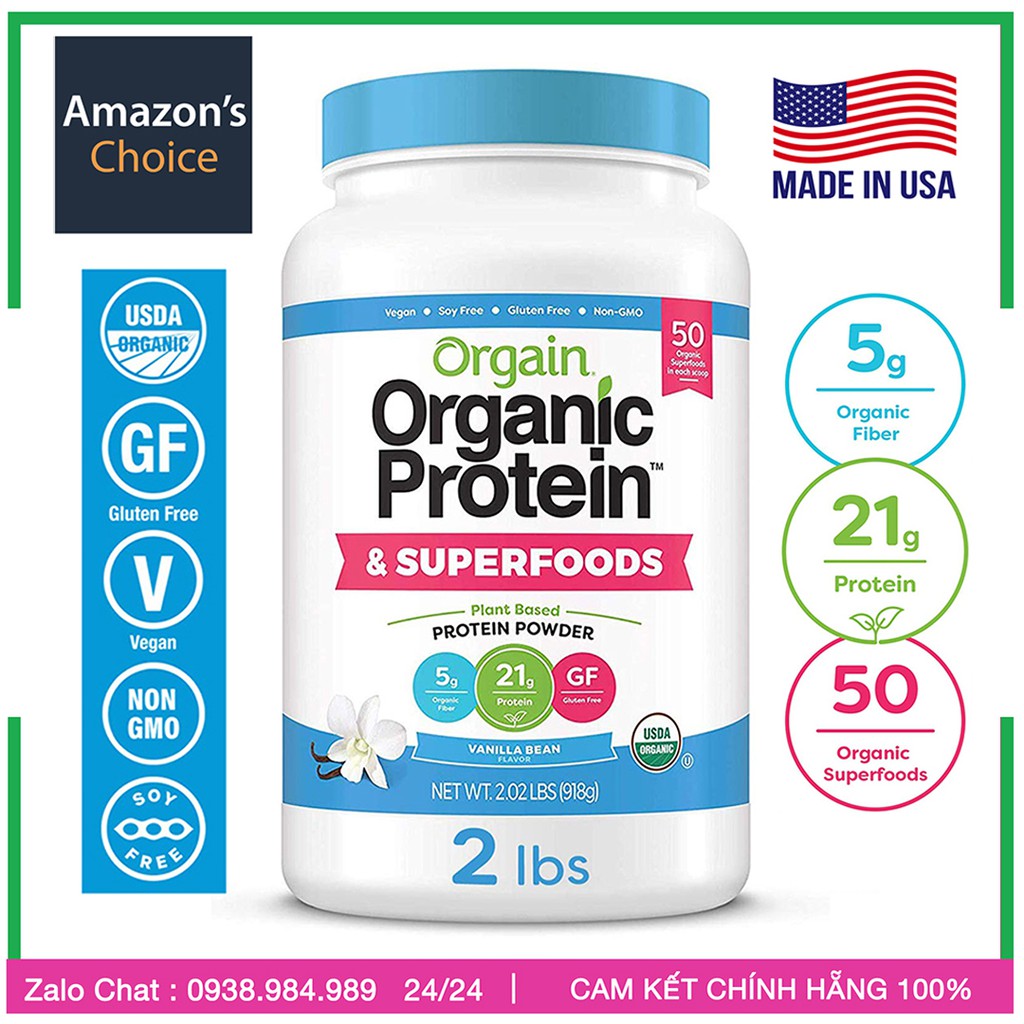 Orgain Protein organic Bột Đạm Làm Bánh Pha Sữa hữu cơ thực vật SuperFood, Vanilla Bean Vegan, Non GMO