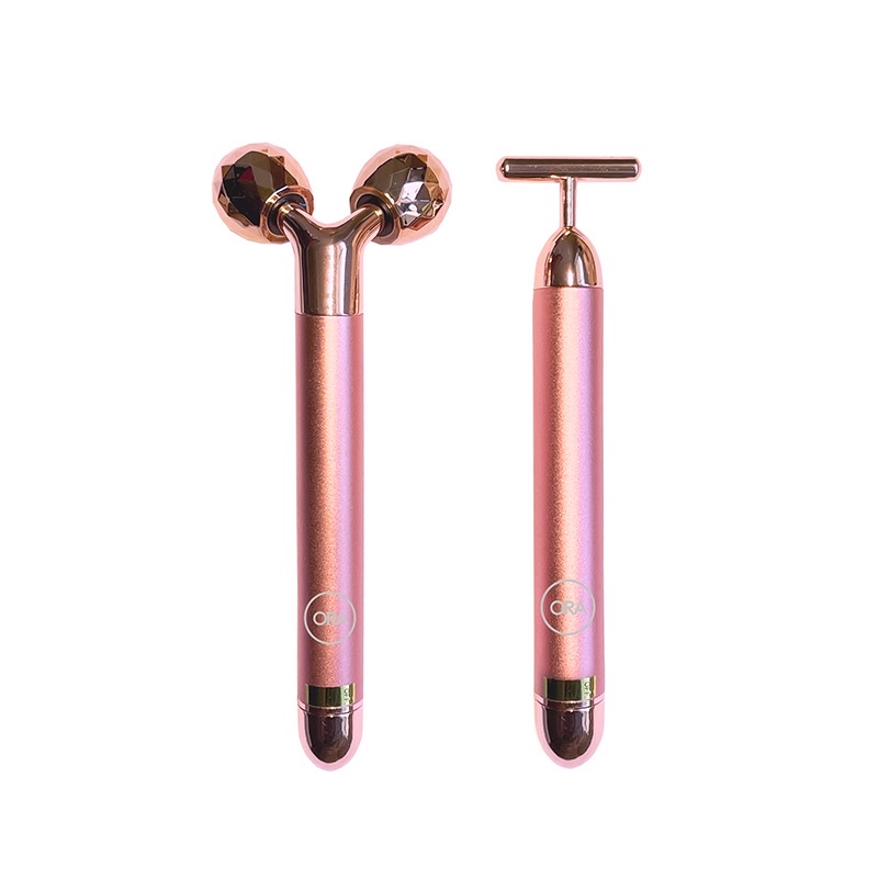 Set thanh lăn massage nâng cơ, chống lão hoá Beauty Ora ORA 360-Degree Roller &amp; Microcurrent T-Bar Deluxe Set Pink Gold