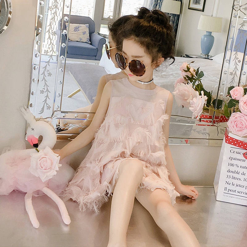Đầm Công Chúa Màu Trơn Phối Lưới Thoáng Khí Đính Lông Vũ Thời Trang Cho Bé Gái 2023