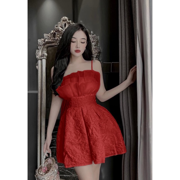 Mẫu Mới Đầm Nữ  Gấm Hoa Hai Dây Có Mút Ngực Phối Quần trong Trẻ Trung Xinh Lung Linh