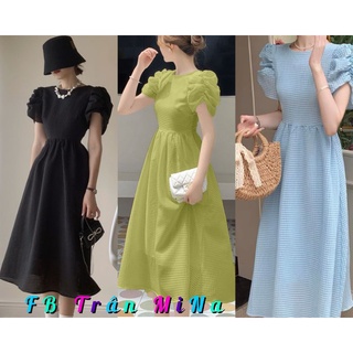 ĐẦM MIDI CỔ TRÒN TAY NHÚN RÚT 3M