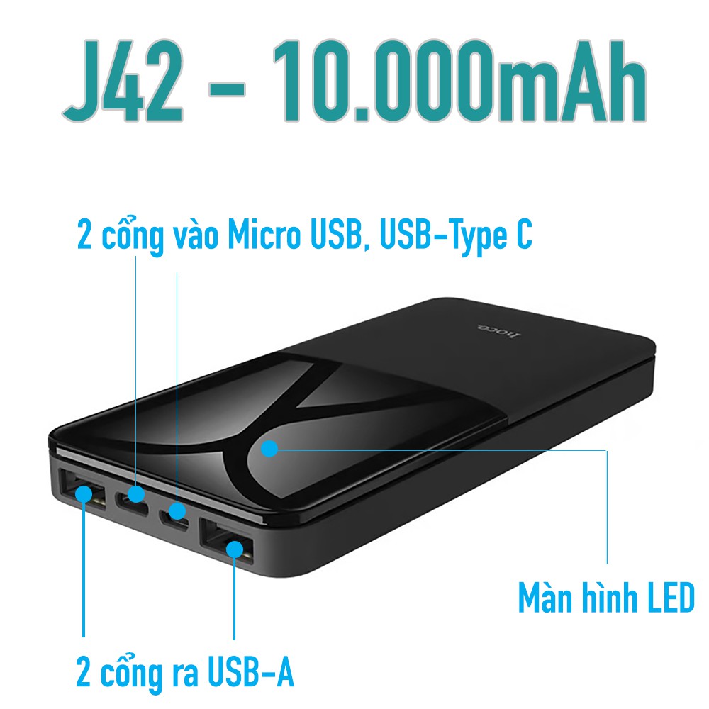 [Chính hãng BH 1 đổi 1] Pin sạc dự phòng Hoco J42 / J42A 10000mAh/20000mAh 2-4 đầu ra USB-A, 2 đầu vào, màn hình led