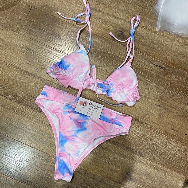 [BKN1159] &lt;ÂU&gt; SET BIKINI HỒNG LOANG XANH BÈO CHÂN NGỰC (CẠP CAO)