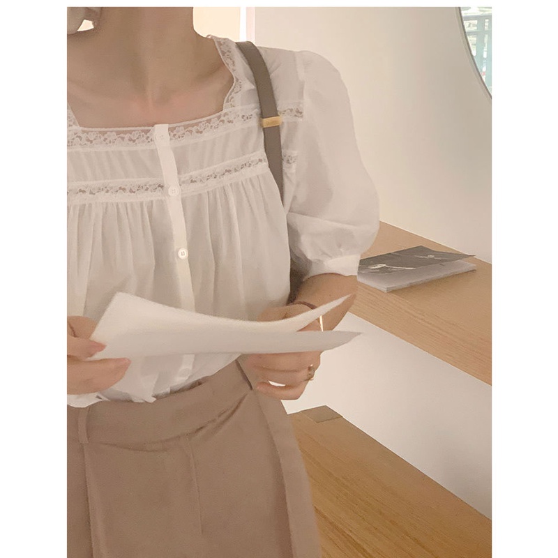 Áo Sơ Mi Trơn Ngắn Tay Phối Ren Xinh Xắn 48836