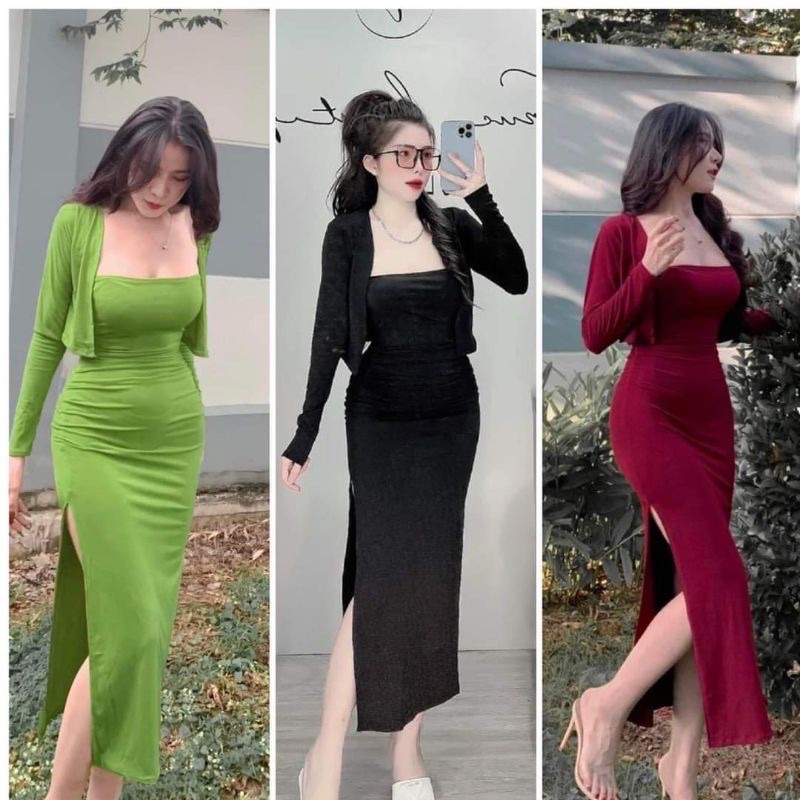 SÉT ÁO KHOÁC KÈM VÁY BODY ÔM XẺ XINH DBD77