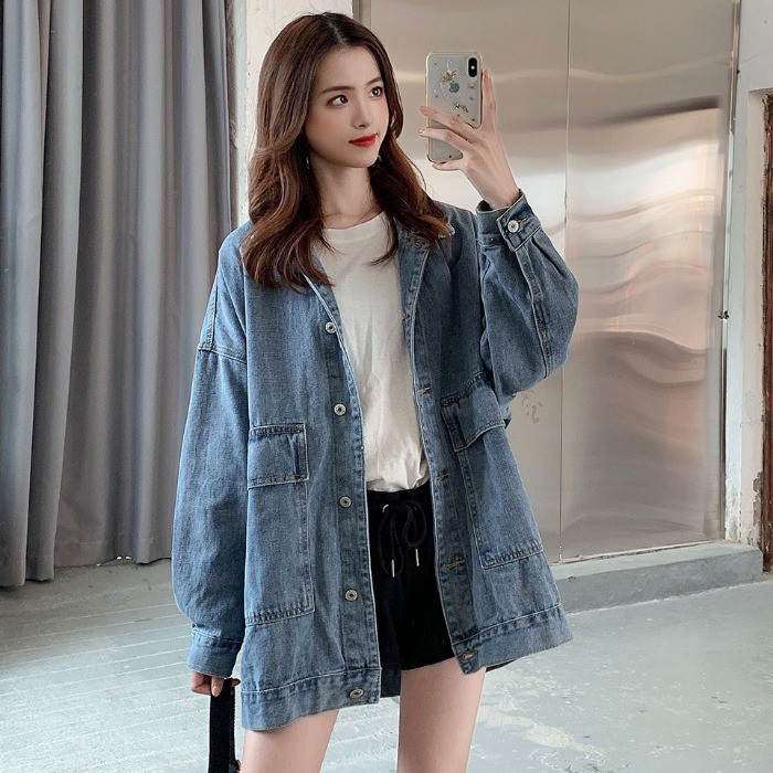 Denim jacket women retro Hong Kong flavor loose Korean version of bf all-match tooling jacket outerwear women's trend