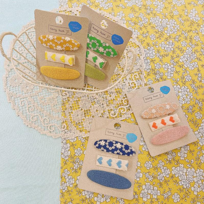 Set 3 kẹp tóc vải thêu thủ công phong cách Hàn Quốc dễ thương cho nữ