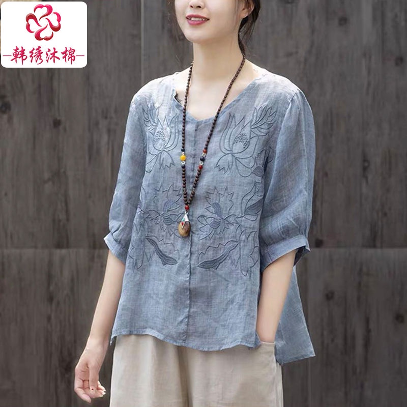 Áo Thun 100% Cotton Mỏng Tay Ngắn Thoáng Khí Thêu Hình Hoa Sen Phong Cách Retro  100% Cotton Cho Nữ 2022
