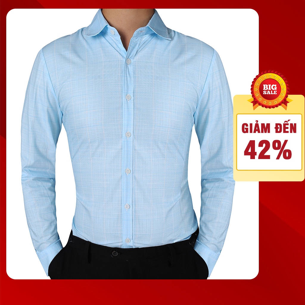 Áo sơ mi caro nam màu xanh nhạt tay dài phong cách somi công sở Hàn Quốc lịch lãm vải cotton cao cấp thấm hút mồ hôi