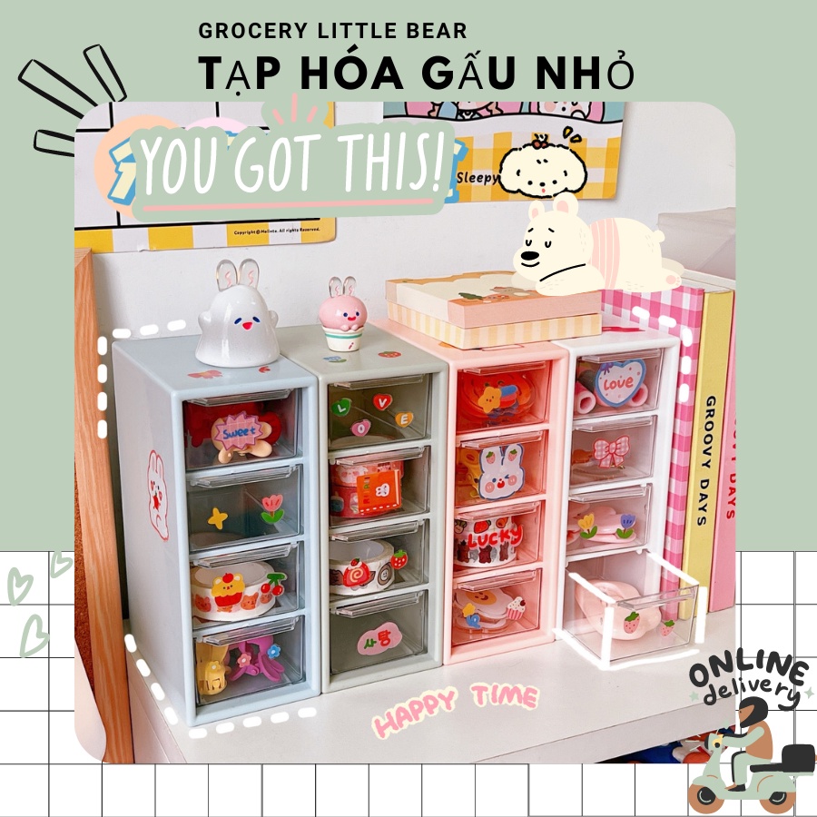 Hộp 4 ô lưu trữ ngăn kéo trong suốt xinh xắn