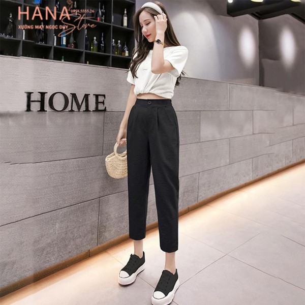 Quần baggy nữ đũi dáng dài tây âu cạp cao vải đen trắng be
