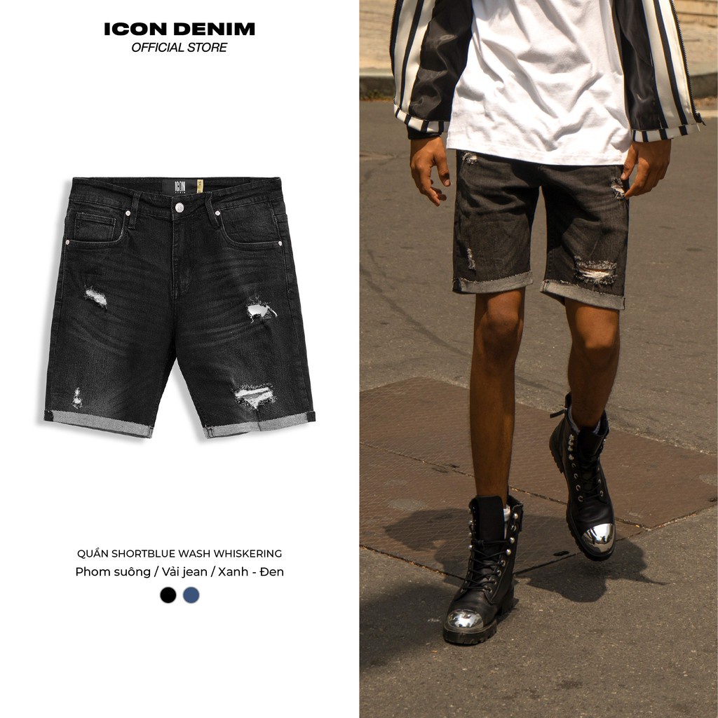 Quần Short Jean Nam ICON DENIM Blue Wash Whiskering