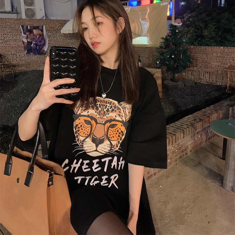 Áo Thun Tay Ngắn Dáng Rộng In Hoạt Hình Đầu Hổ Dễ Thương Cho Nữ