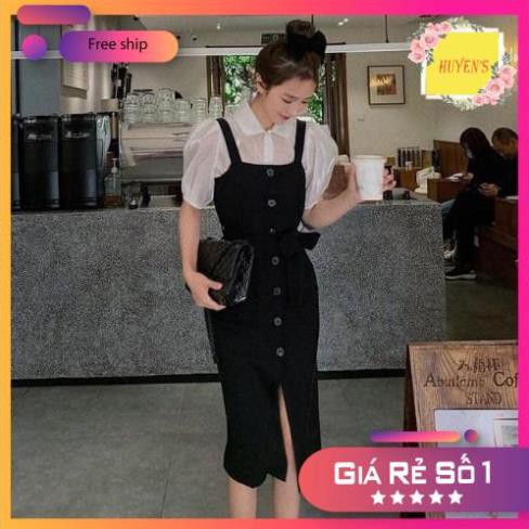 Set yếm tone Đen - Trắng tôn dáng dài chân miên man - Váy thiết kế hàng cúc giả kéo khoá sau MIX Áo chất tằm mềm mịn
