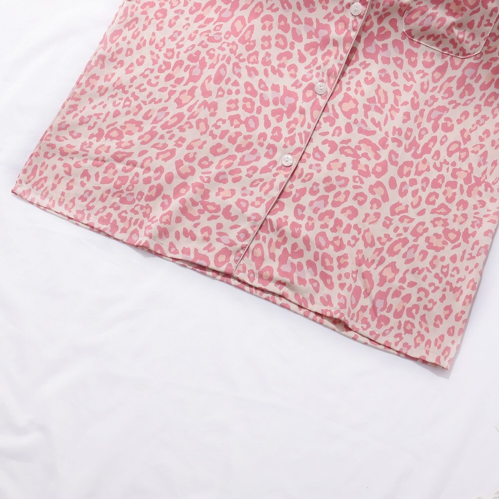 Set đồ ngủ dài tay cổ bẻ + quần dài họa tiết da báo thời trang thoải mái cho nữ