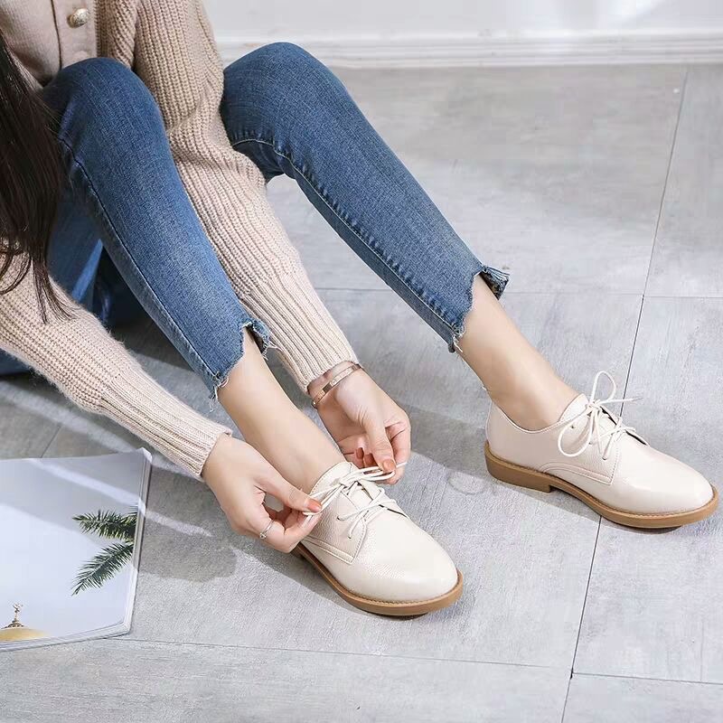 Giày Da Pu Gót Thấp Mũi Tròn Cột Dây Phong Cách Vintage Cho Nữ | BigBuy360 - bigbuy360.vn