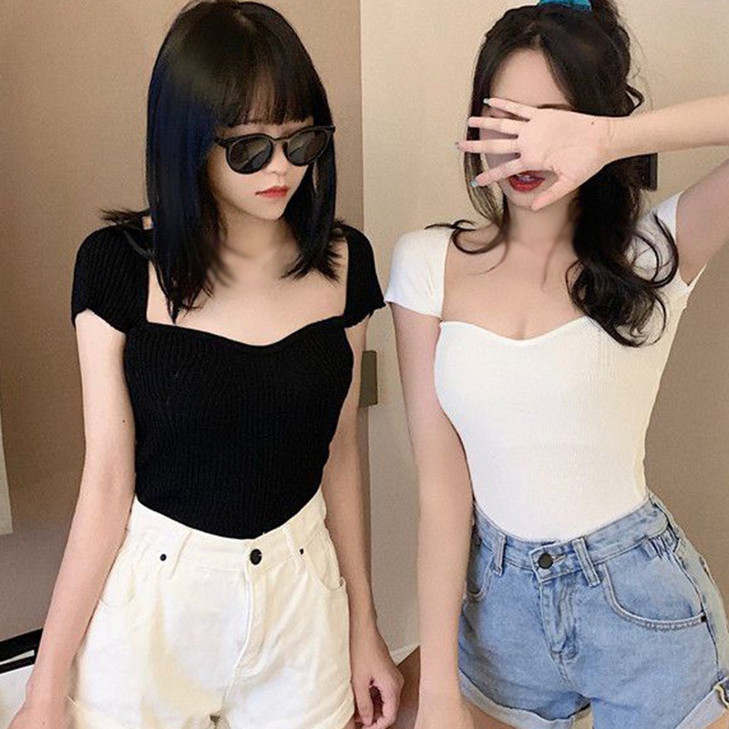 Áo Dệt Kim Tay Ngắn Cổ Vuông Màu Trơn Dáng Ôm Quyến Rũ Cho Nữ | BigBuy360 - bigbuy360.vn