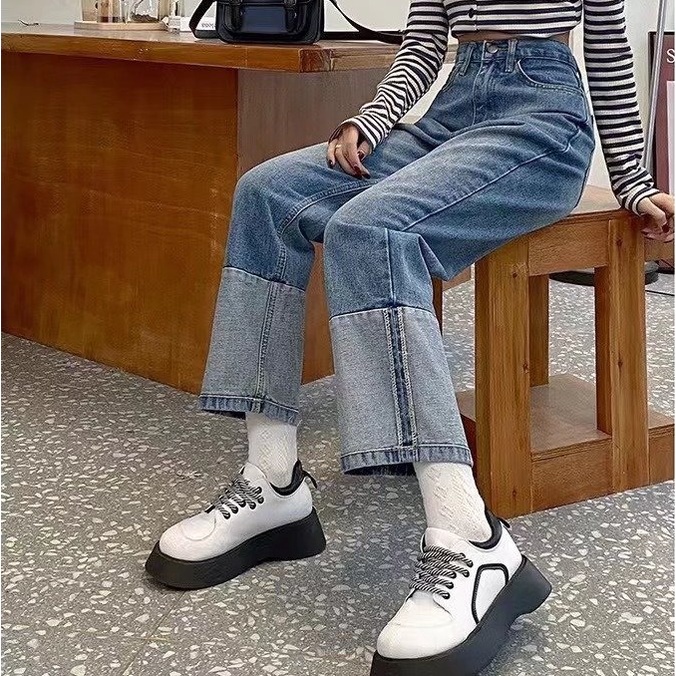 Daduhey Quần jean lưng cao ống rộng dáng suông thời trang hè phong cách Hàn Quốc cho nữ